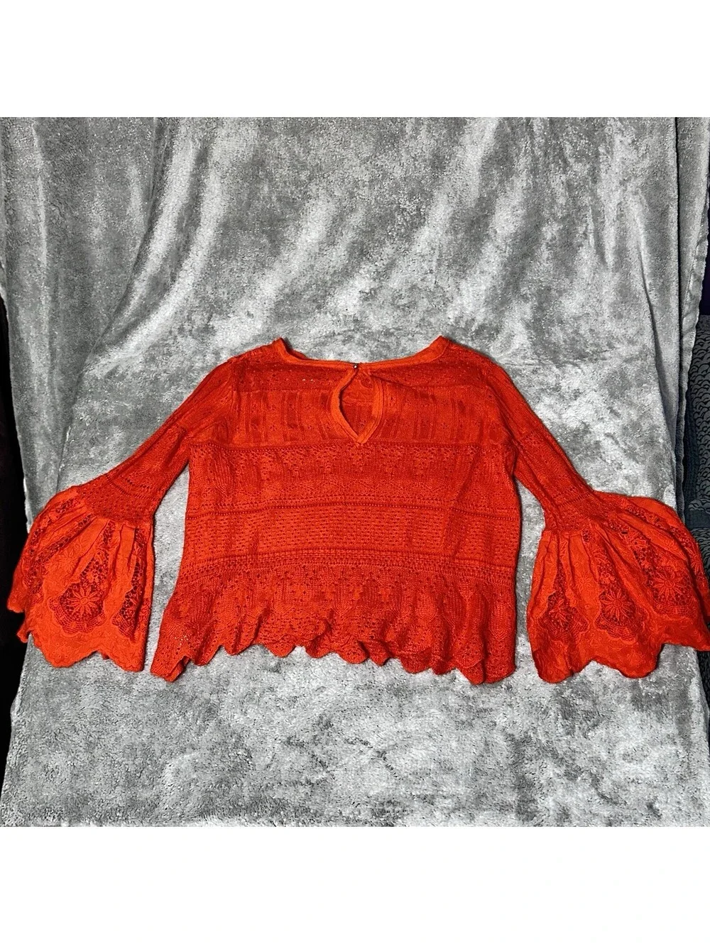 Free People Once Upon A Time Top Womens LG Orange Crochet Bell Sleeve Linen